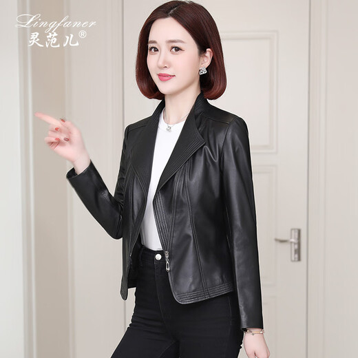 Lingfaner Haining genuine leather jacket for women spring new motorcycle slim sheepskin small jacket short style black 2XL