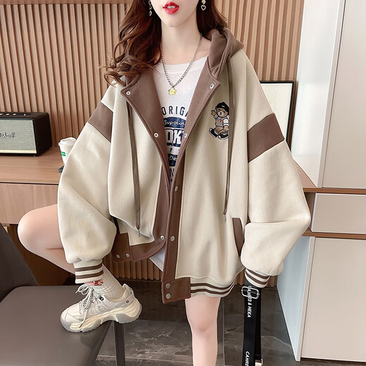 Han Xinman Autumn Girls' Jackets Spring and Autumn Sweaters Female Students 2025 Autumn and Winter New Korean Style Loose Hooded Cardigans Apricot Velvet Thickened Jackets Trendy Tops Baseball Uniforms One Size (Can Remark Size)