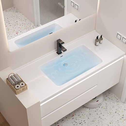 Renjuyi customized smart bathroom cabinet ceramic integrated basin 65/75CM85/95cm 105/115cm washbasin 75CM smart storage mirror cabinet default white wood grain color