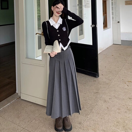 Mu Ni fake two-piece long-sleeved shirt Polo collar top black spliced short slim college style commuting outer layer black top fake two-piece M size recommended 80-100Jin Jin is equal to 0.5 kg