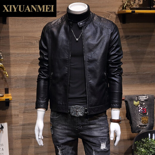 Mi Nishihara men's stand-collar leather jacket autumn Korean style trendy slim handsome leather jacket men's jacket FD6915 black M