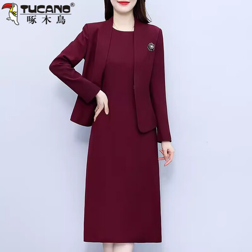 Woodpecker (TUCANO) high-end long-sleeved dress fashion set Qiuxi Mom M mother-in-law two-piece skirt wine red minimal color difference 2XL 122-132Jin Jin equals 0.5 kg