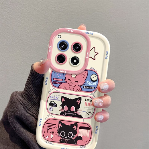 妙之选适用于一加12手机壳Ace卡通ins风星眼猫潮牌一加AcePro硅胶OnePlusAce3V手机壳一加Ace3全包防摔一 圆墩壳-白色-BS3893黑色猫咪+a1948玫红 OPPO Reno 