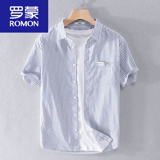 罗蒙（ROMON）男士条纹短袖衬衫日系宽松薄款上衣夏季休闲衣服潮流百搭衬衣 9738款 浅蓝条纹 M 95斤左右