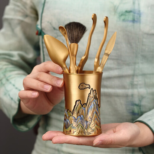 Jiutang Pure Brass Tea Ceremony Six Gentlemen High-end Tea Supplies Tea Clips Tea Spoon Tea Knife and Needle Set Tea Making Tools Accessories Kyoya (Qianli Jiangshan) Hand-painted Brass Six Gentlemen