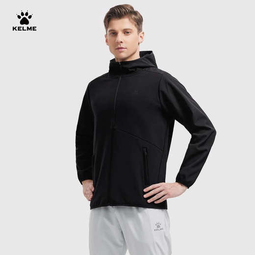 KELME Shadow Shark Sports Windbreaker Woven Jacket Men's Winter Windproof and Waterproof Hooded Velvet Jacket Agate Black XL
