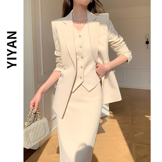 Sugargirl spring and autumn small suit suit women's professional temperament commuting host formal vest new high-end suit jacket off-white suit + vest + skirt three-piece set L