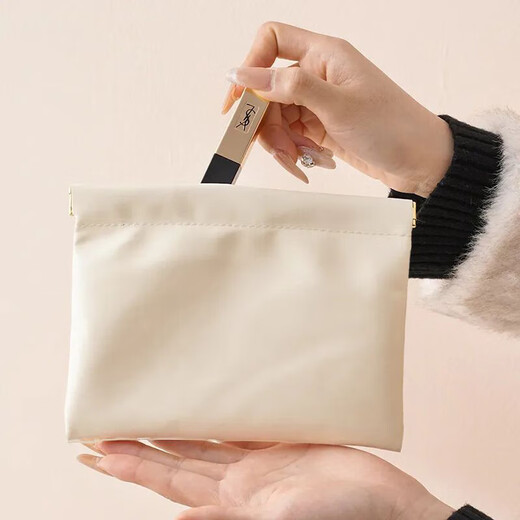 Portable storage bag lipstick red packet data cable storage bag cosmetic bag portable automatic sealing shrapnel bag wallet waterproof PU shrapnel storage-large white