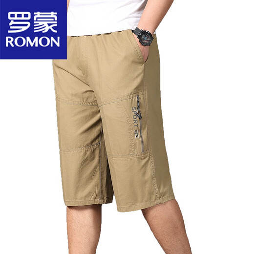 罗蒙（ROMON）青年休闲七分裤男宽松多袋工装裤松紧中年中裤拉链口袋短七分裤 黑色3888 XL(适合2尺1-尺4穿)