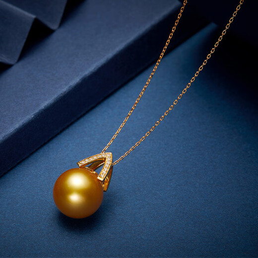 VCL Natural South Sea Gold Pearl Seawater Pearl 18K Gold Diamond Pendant Necklace Women's Round Thick Gold Gift for Mom 12-13mm Pendant Does Not Include Chain