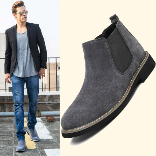 Baitexi Martin boots men's genuine leather Chelsea short boots autumn and winter new snow boots Korean style British mid-high top warm men's boots retro casual lazy slip-on boots men's gray-four seasons 41