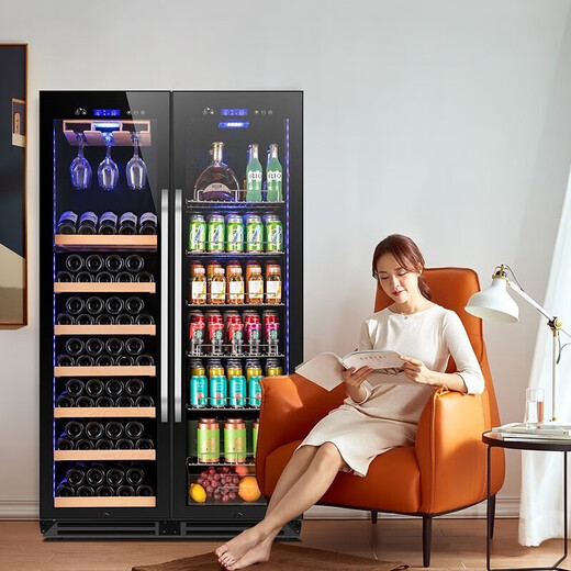 BAIKAILUN double-door thermostatic wine cabinet with double-door door ultra-thin and can be embedded in air-cooled frost-free thermostatic wine cabinet office household tea beverage liquor wine fruit preservation refrigerated display cabinet 1.7 meters dual temperature red wine ice bar style 59 bottles thin section