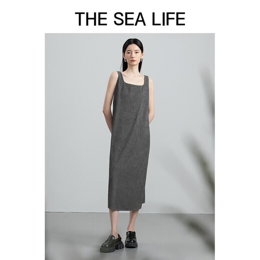 THE SEA LIFE欧海一生 方领背带裙秋季纹理设计百褶宽松简约12211 苜蓿灰 M
