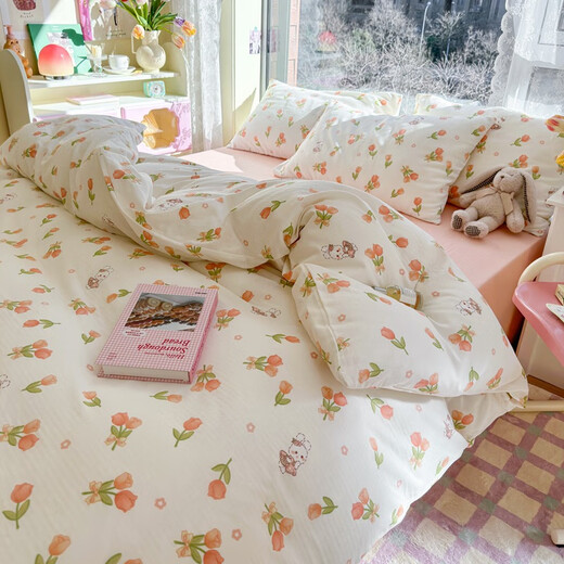 Jingsheng Bed four-piece set double-layer yarn summer bedding Yiye-yellow 1.5/1.8m bed sheet four-piece set