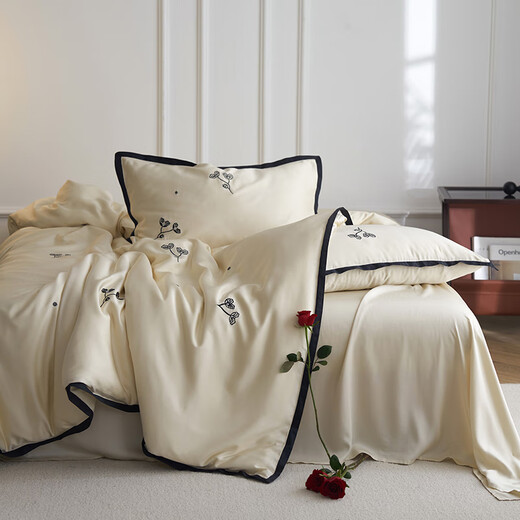 Arctic Velvet (Bejirog) Class A 100 Count Lenzing Tencel Four-piece Set Summer Ice Silk Light Luxury Embroidered Quilt Cover Naked Sleeping Sheet Bedding Lenzing Tencel-Black Pansy 1.8 Meter Four-piece Set (200*230cm Quilt Cover)