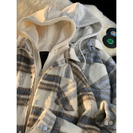 卡图弛假两件格子棉服外套男秋冬季美式小香风潮牌连帽棉衣情侣棉袄男装 浅灰色-WT179 XL