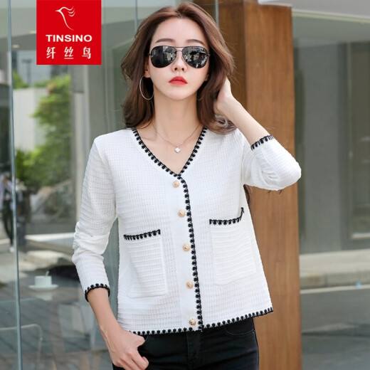 Filament Bird Knitted Sweater Women's 2021 Autumn and Winter New Product Xiaoxiangfeng Contrast Color Knitted Cardigan Loose Slim Sweater Jacket Women Elegant White One Size