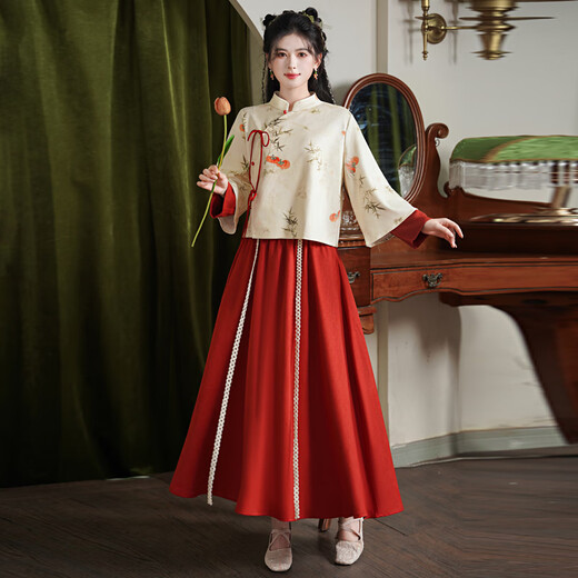 Yaoni cheongsam Hanfu women's daily adult 2025 autumn and winter short long-sleeved new Chinese style national style suede two-piece set 6551 apricot top + orange skirt (short top) M (recommended weight 105-115Jin Jin is equal to 0.5 kg)