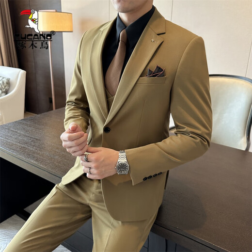 Woodpecker (TUCANO) 2025 Autumn High Quality Dark Green Suit Men's Suit Business Casual Formal British Style Groom Wedding Dress Black (suit + trousers) XL 52 (125-135Jin Jin equals 0.5kg)
