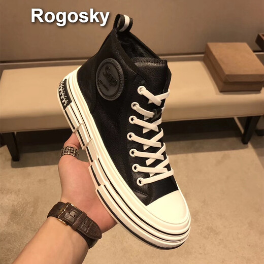 Rogosky Hong Kong trendy brand winter high-top men's shoes for top layer cowhide shoes lace-up casual non-slip thick-soled Martin boots men's white (leather) 44 (leather shoe size)