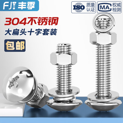 Fengji 304 stainless steel cross large flat head screws and nuts set umbrella head flat bolt round head flat washer elastic washer combination M4*20-10 sets