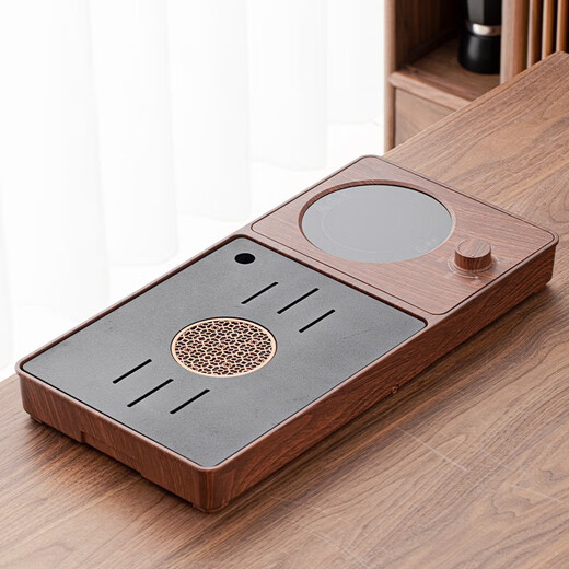 Tangfeng black pottery Kung Fu tea set, smart integrated tea tray, complete set of light luxury retro boiling water tea making equipment for home living room, walnut color stone surface tea tray + elegant lifting kettle, transparent