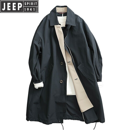 JEEP中长款风衣男秋冬日系设计款双层领薄款斜纹棉防水涂层单排扣衫潮 黑色 M