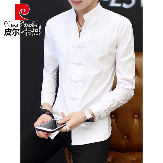 皮尔卡丹（pierre cardin）中式复古风中山装衬衫男士长袖黑色衬衣春秋薄款唐装盘扣上衣褂子 9902黑色 6XL 182-192斤左右