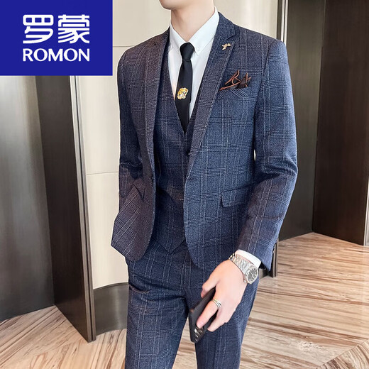 ROMON Suit Men's Slim Casual Business Formal Wear Groom Wedding Dress Plaid Suit Jacket Trend 2017 Gray Plaid Single-piece Suit Top XL 121-135Jin Jin is equal to 0.5 kg
