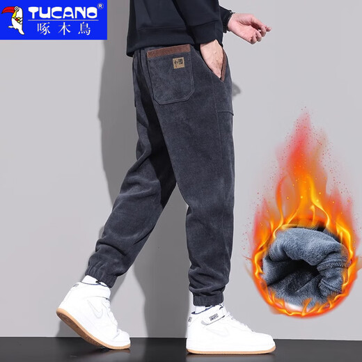 Woodpecker Casual Pants Men's 2025 Autumn and Winter Versatile Velvet Thickened Men's Nine-Point Leg Pants Men's Slim Loose Pants Men's Pants 260 Black Velvet XL Recommended 120-145 Jin Jin equals 0.5 kg
