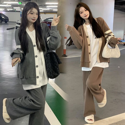 Ranqi's mother maternity suit autumn suit fashionable 2025 new cardigan top spring and autumn fashionable sweatshirt large size two-piece set gray three-piece set (top + T-shirt + pants) L