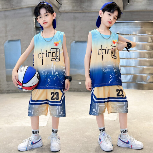 猴兄仔童装男童球服套装夏季新款儿童速干篮球服中大童时尚运动无袖背心短裤两件套男孩衣服3-15岁 蓝色 150(建议身高140CM左右)