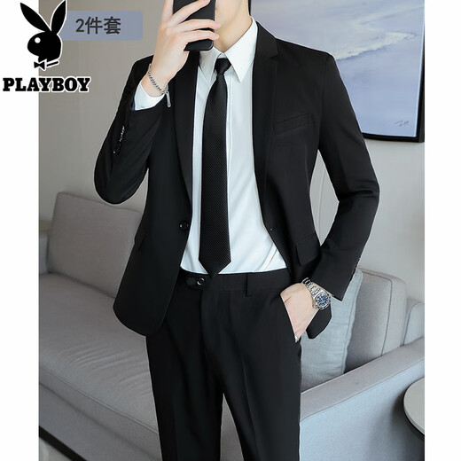 Playboy suit men's casual Korean style business professional formal three-piece suit slim fit wedding groomsmen and groom suit jacket black two-button suit + tie 2XL