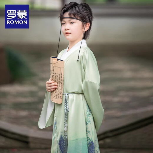 罗蒙汉服男童中国风儿童新中式古装演出服 青山绿男童汉服套装 130