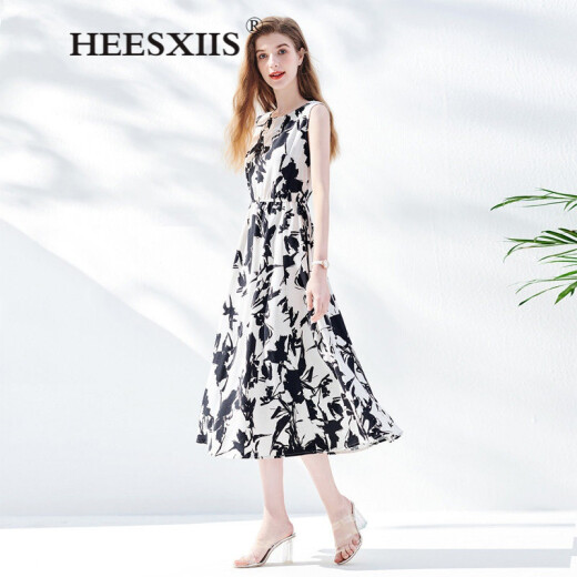 HEESXIIS Light Luxury Brand Women's Temperament Dress Women's 2020 Summer New Slim Fit Round Neck Sleeveless Large Swing Contrast Color Ink Print Skirt White Background Black Flower M