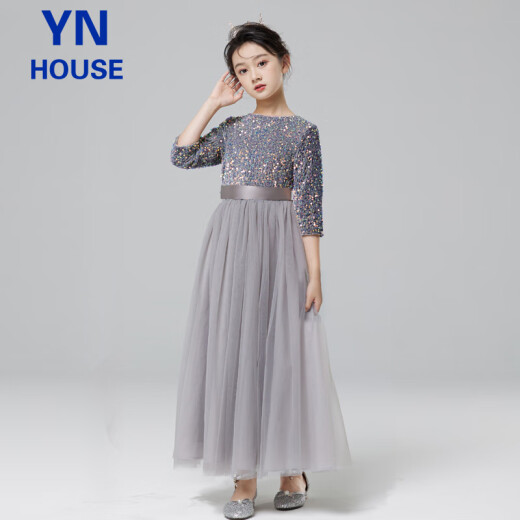 衣诺坊女童礼服长裙儿童花童女孩演出服 灰色纱摆长裙 160cm