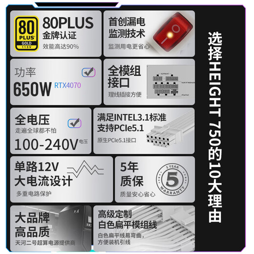 Great Wall Liejin H-Serie Goldmedaille Vollmodul Desktop-Host Desktop-Computer Netzteil-Lecküberwachung / Einzelkanal 12 V / volle Spannung / automatischer Start und Stopp ATX3.1 H6 650 W Goldmedaille Vollmodul / Weiß