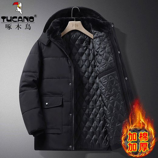 Woodpecker cotton coat for middle-aged and elderly men, cotton padded coat with velvet and thickening, men's jacket, winter daddy padded jacket, warm and thick winter coat, black and velvet style 2XL