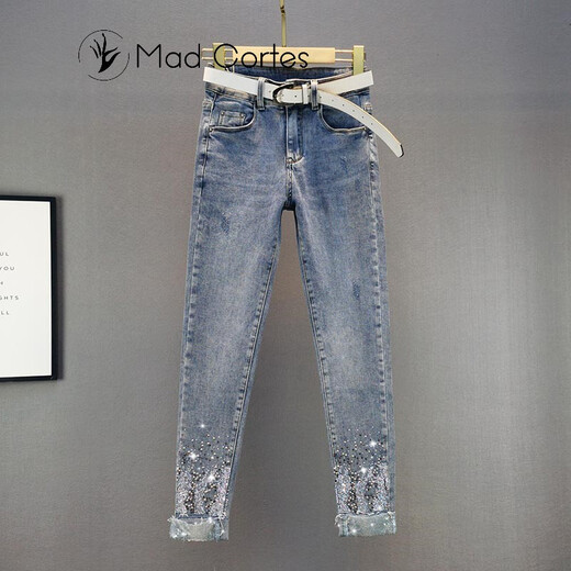 Mad Cortes trendy brand design button hot rhinestones small leg jeans for women petite high waist slim slim pencil pants blue 2XL