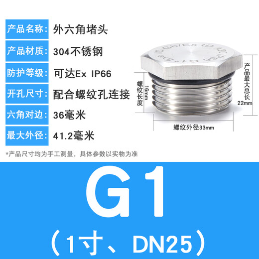 304 stainless steel plug external hexagonal plug sealing M20G1/2NPT3/4 metal waterproof and explosion-proof sealing plug G1 (1 inch DN25)