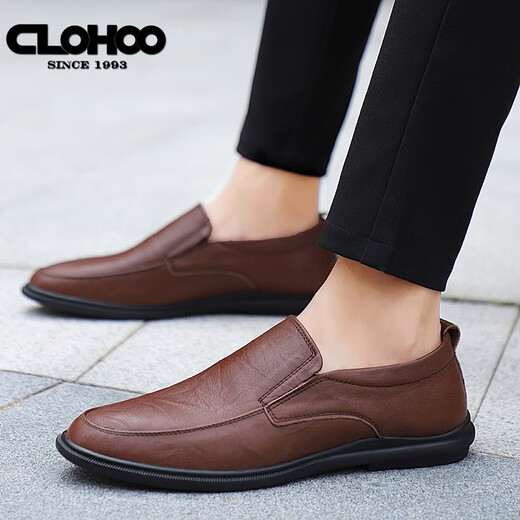 CLOHOO leather shoes men's autumn new business casual shoes youth work formal shoes low-top soft sole breathable shoes men's slip-on lazy bean shoes versatile trendy men's shoes dark brown 38