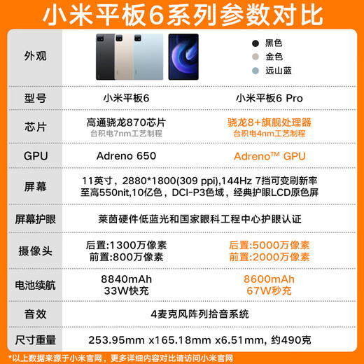 小米平板6 11英寸144Hz可变高刷 2.8K大屏 骁龙870 高性能 Xiaomi Pad学习办公学生游戏二合一平板电脑 黑色 8GB+256GB