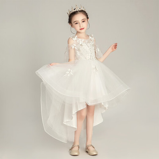 Girls' fashionable white gauze princess dress light luxury high-end wedding children's host birthday piano performance evening dress white short front and long back 130