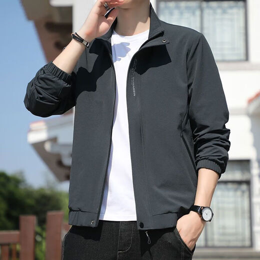 Donkey Fox Autumn Thin Men's Jacket Stand Collar 2024 New Top Spring and Autumn Casual Pilot Jacket D9980 Dark Gray 2XL 130-145Jin [Jin equals 0.5 kg]