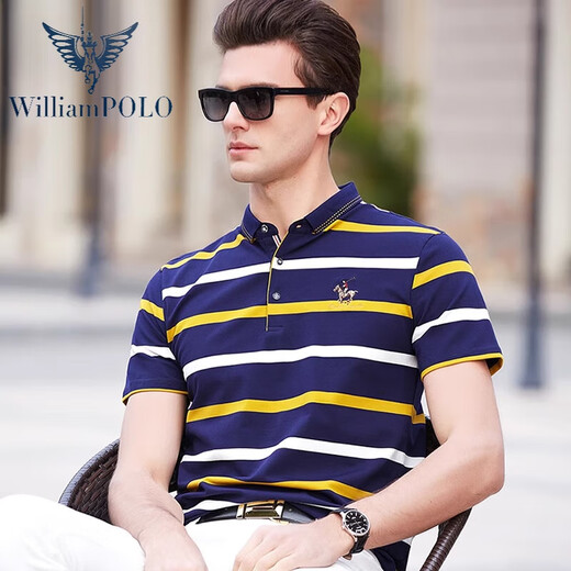 WILLIAMPOLO轻奢高端品牌夏季商务休闲男士短袖t恤翻领纯棉条纹polo衫体恤宽 绿色【3882款】 48/170/M 适合100-125斤