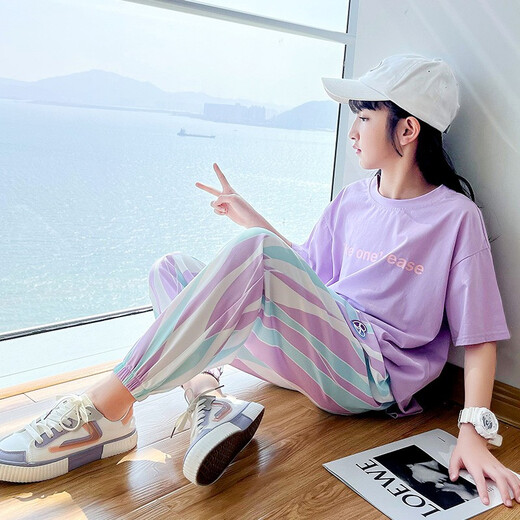 智兜兜夏季女童套装休闲运动儿童短袖夏装两件套运动新款中大童薄款童装 5671撞色+9731紫色 150 CM