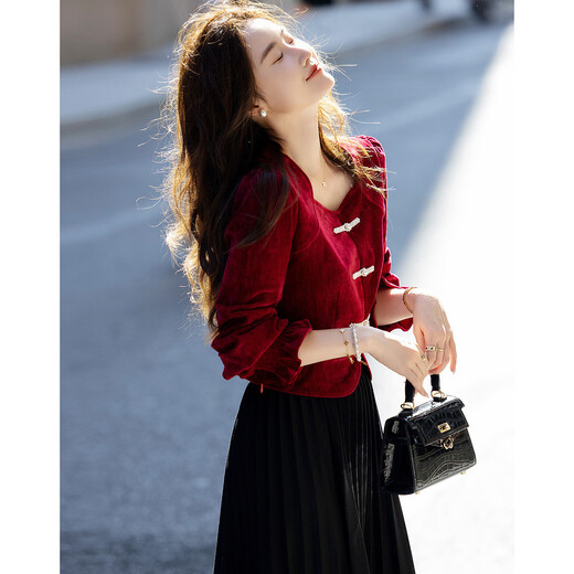 Demana Stars and Moon Spring and Autumn Chinese Style New Chinese Square Collar Shirt Pearl Disk Button Velvet Shirt Women's Top