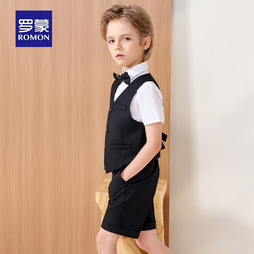 罗蒙儿童西装套装演出服花童礼服中大童钢琴英伦 黑色套装 130