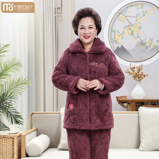 莫代尔中年妈妈加厚珊瑚绒中老年冬季宽松大码夹棉睡衣女保暖家居服套装 687 酒红色 水晶绒 中长款连帽 3XL 160-190斤 三层加厚