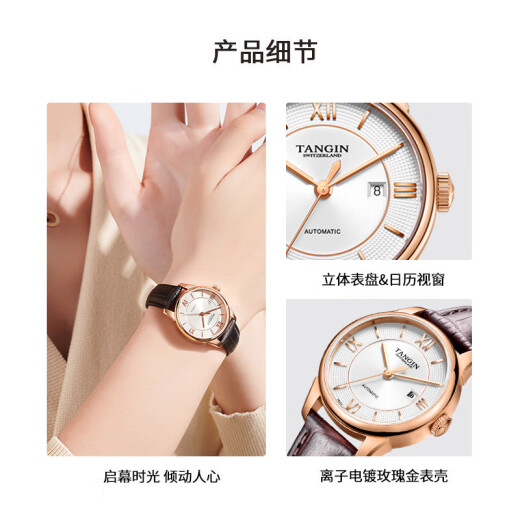 天珺（TANGIN）瑞士进口女士手表时尚皮带全自动机械瑞表女 送女友 T7029LHWFSB